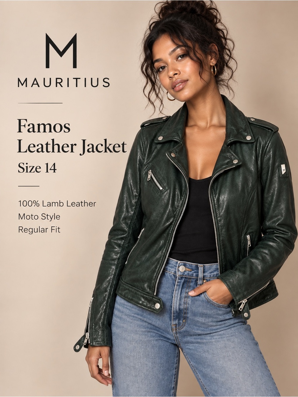Mauritius Famos Dark Green Lamb Leather Moto Biker Jacket Regular Fit Size 14
